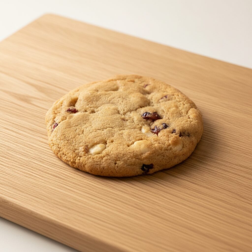 White chocolate cranberry cookie on light wood