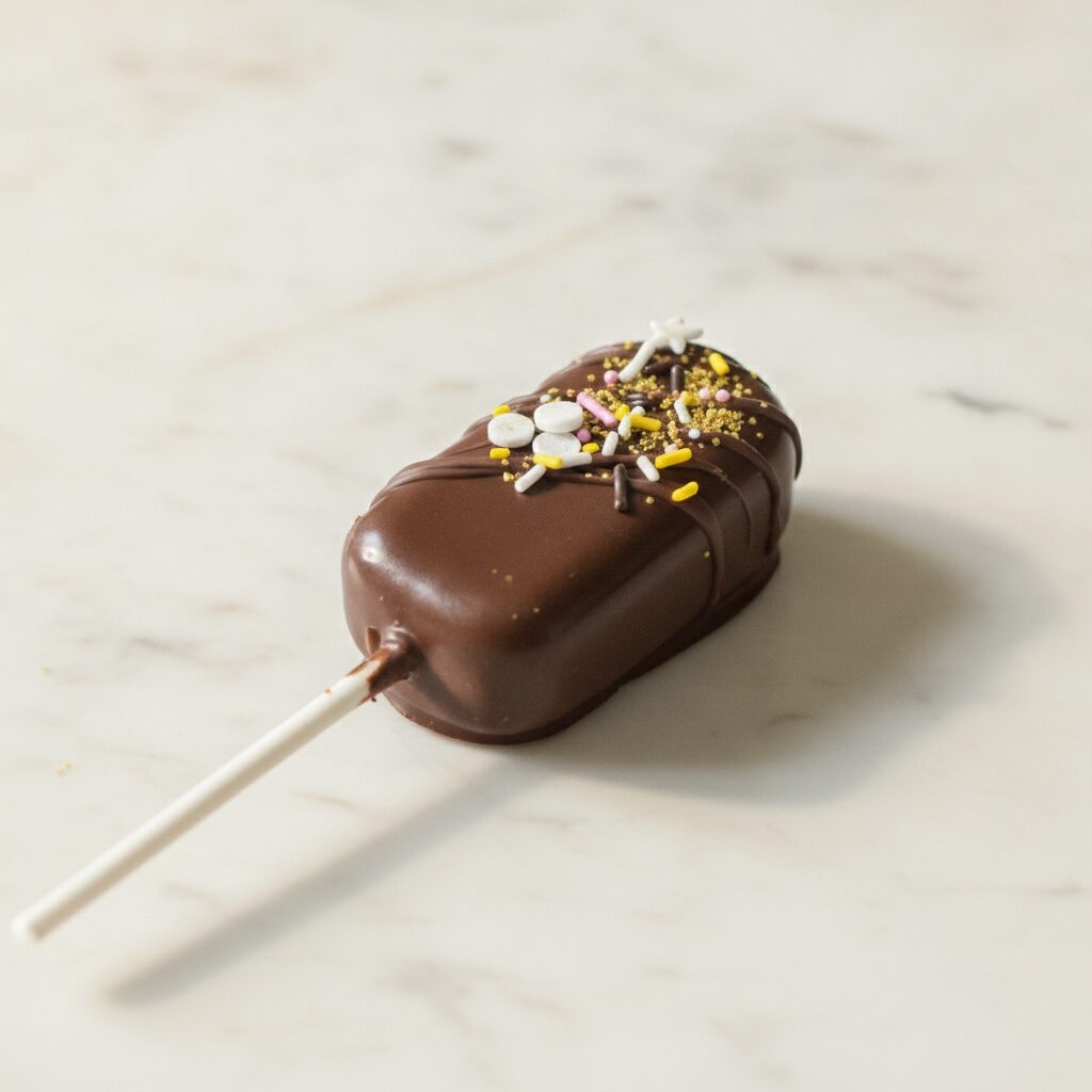 Decorated cakesicle on a stick resting on marble