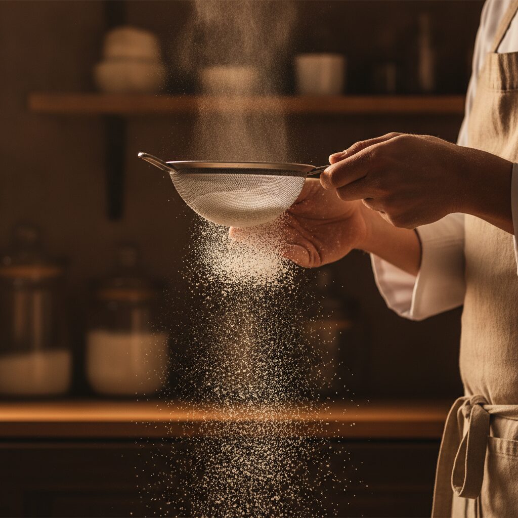 Powdered sugar falling through a fine-mesh sifter held in two hands, in warm morning light