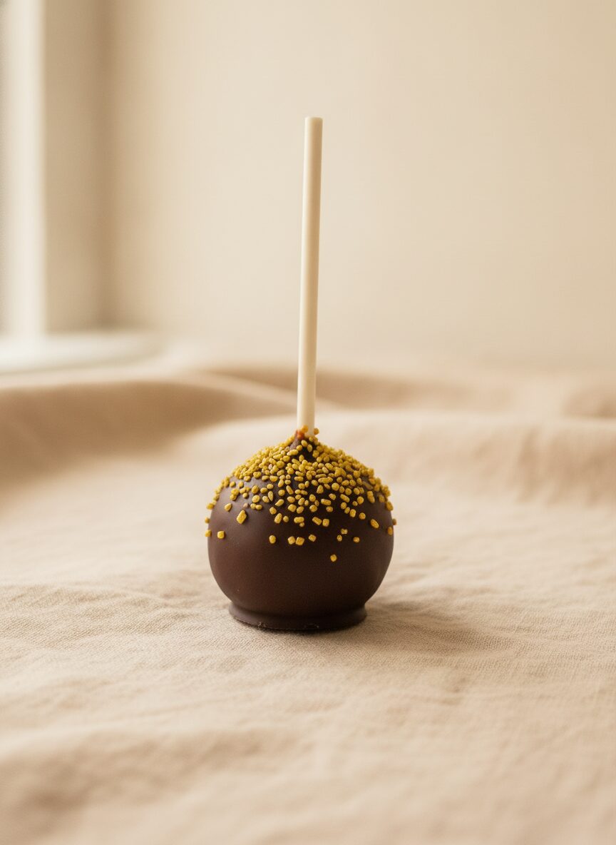 Sprinkled cake pop resting on natural linen