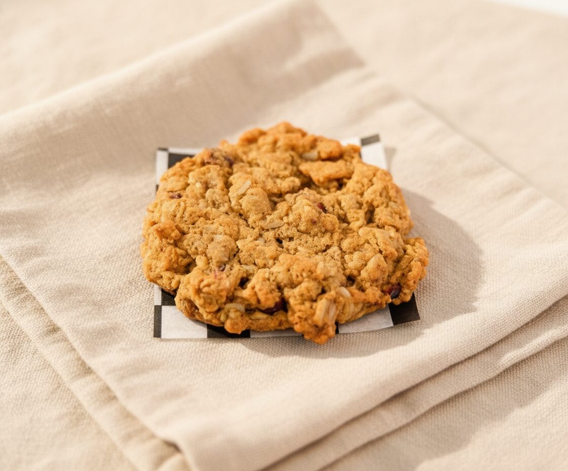 Vegan Maui cookie with peanut butter, oats, sunflower seeds, and dried fruit on linen