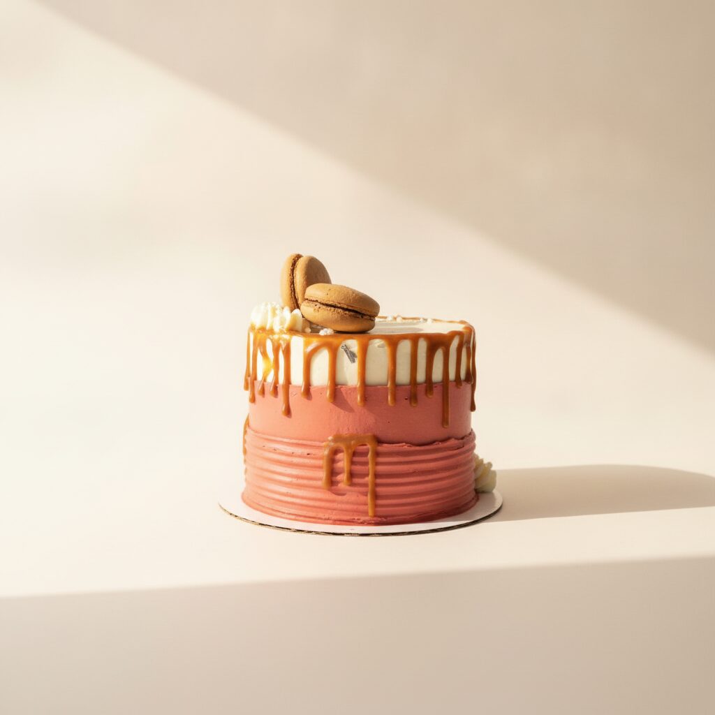 Southern Pecan Velvet cake with blush drip glaze and pecan crown on a white stand