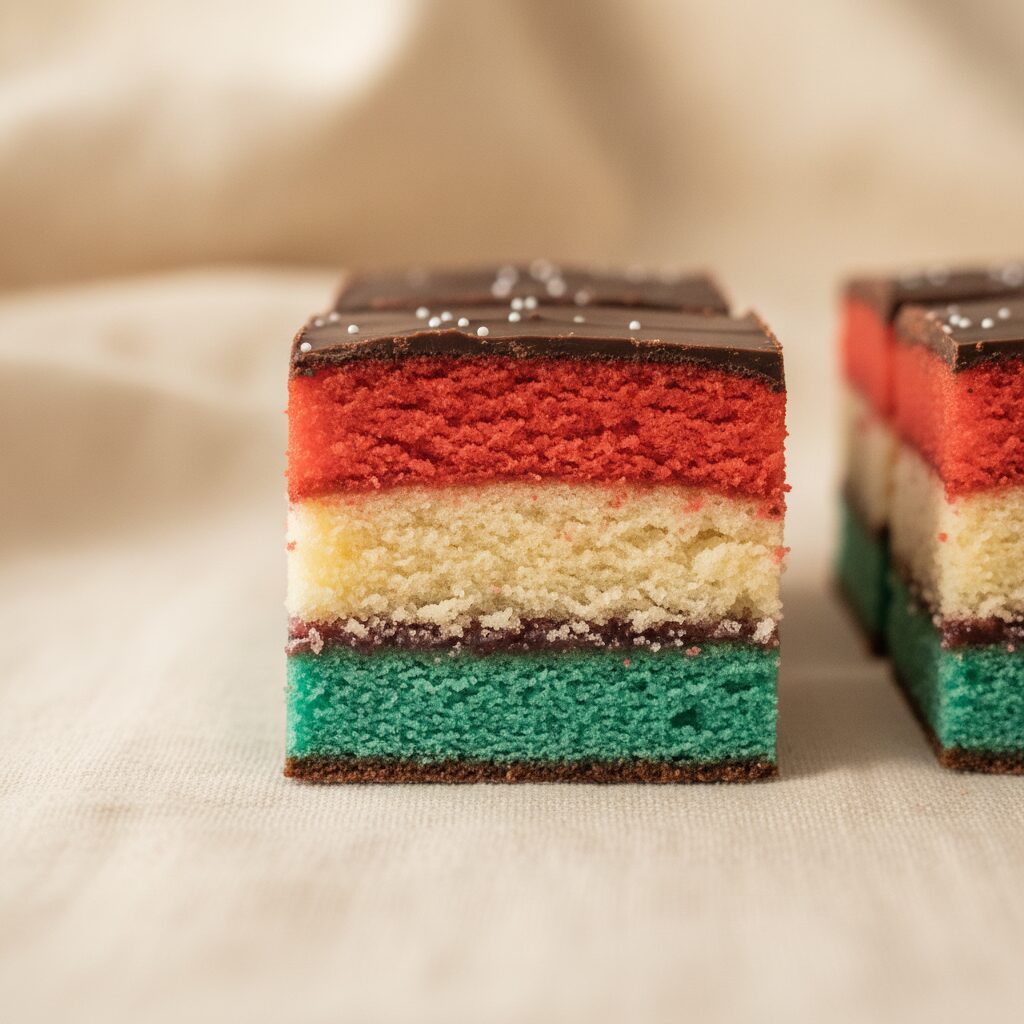 Italian rainbow cookie layers in almond sponge on linen