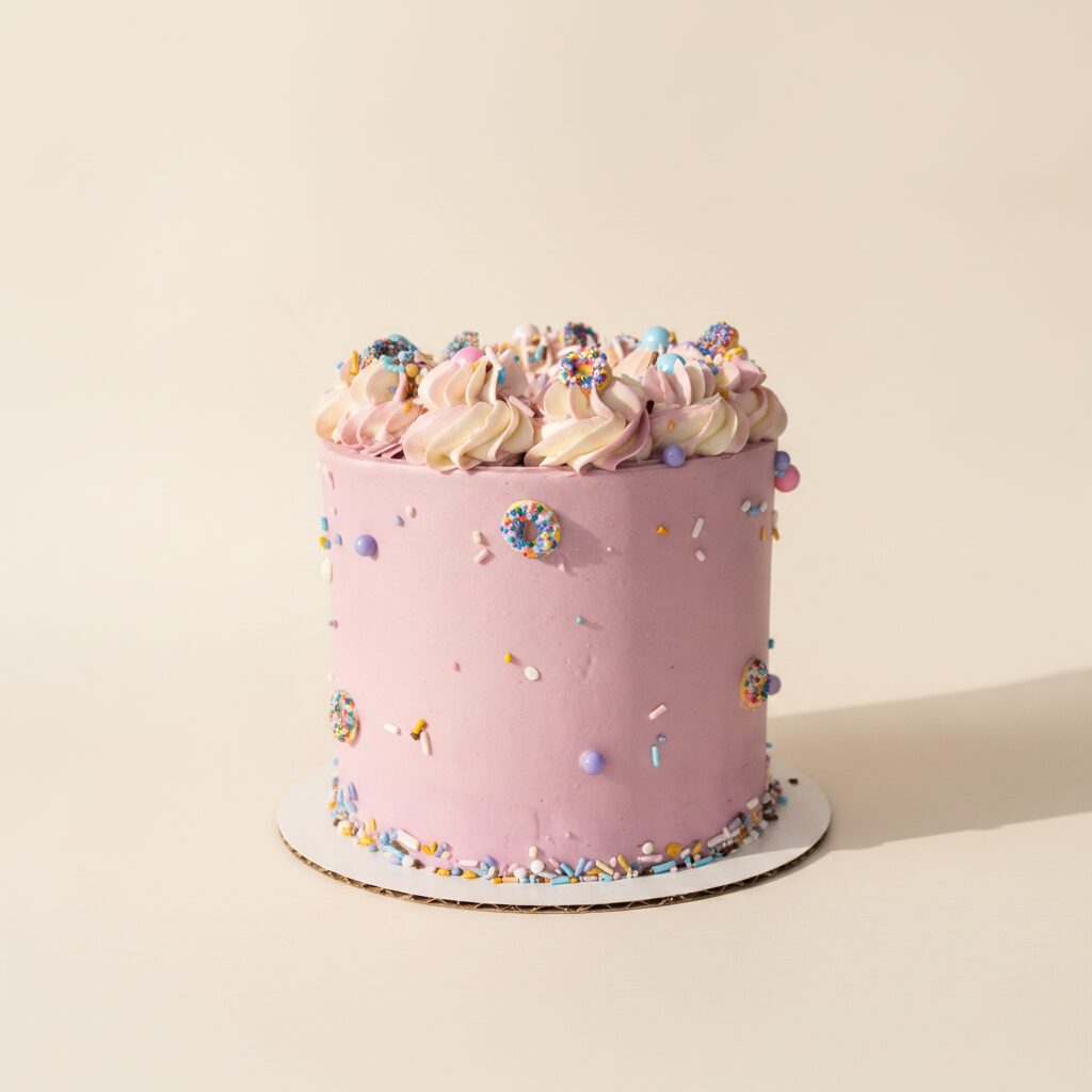 Vanilla Bean cake with pink sprinkles and piped buttercream crown