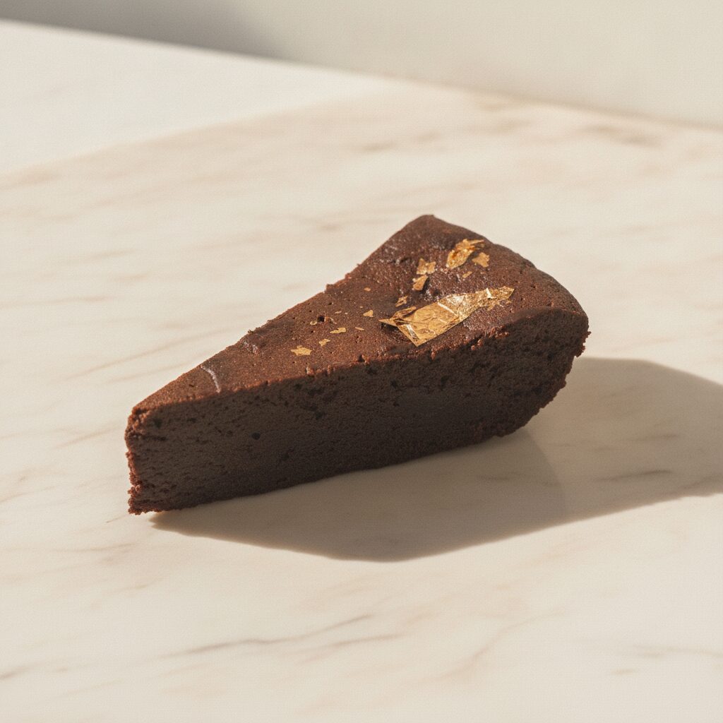 Cross-section of gluten-free chocolate tuxedo torte on marble