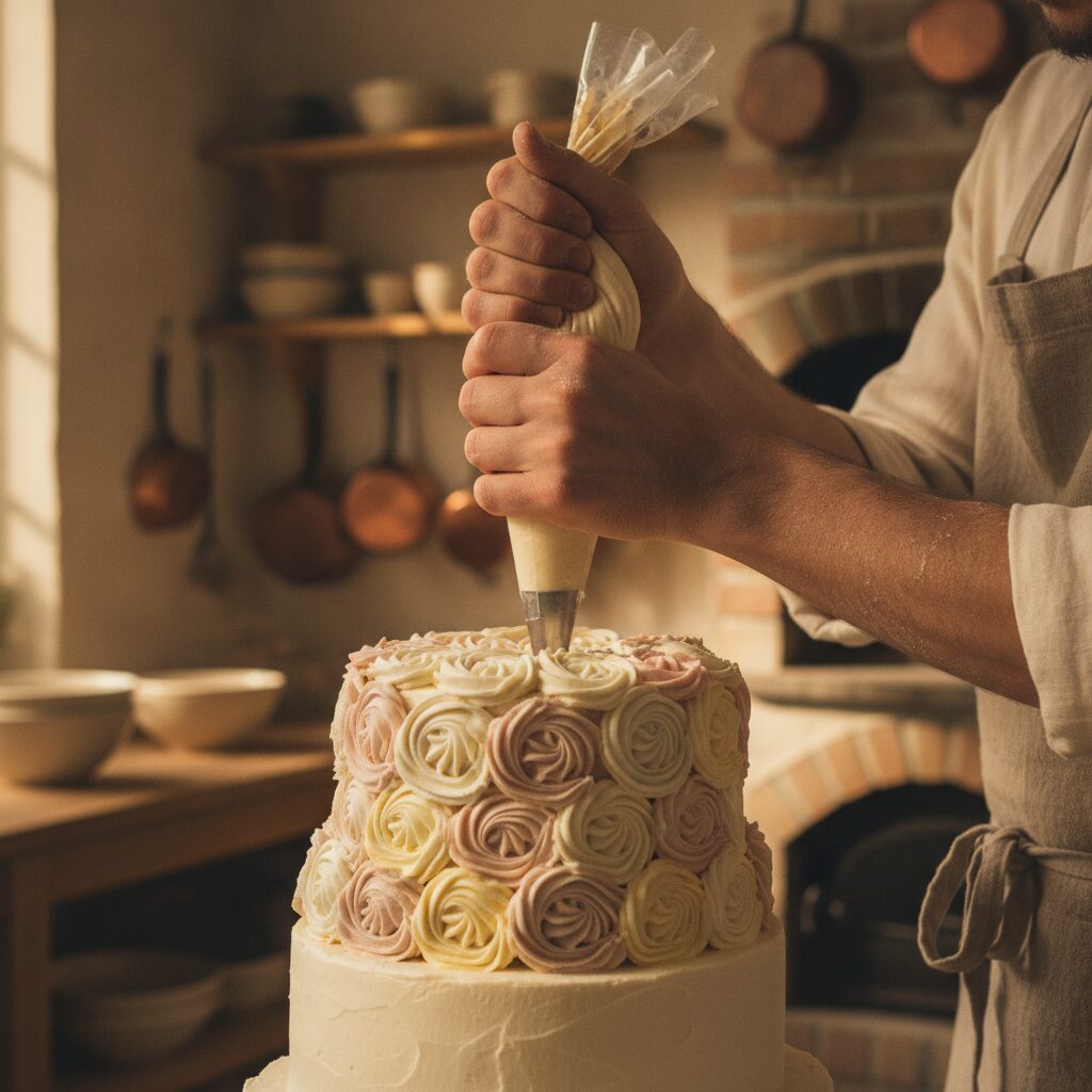 Hands piping buttercream rosettes onto a cake