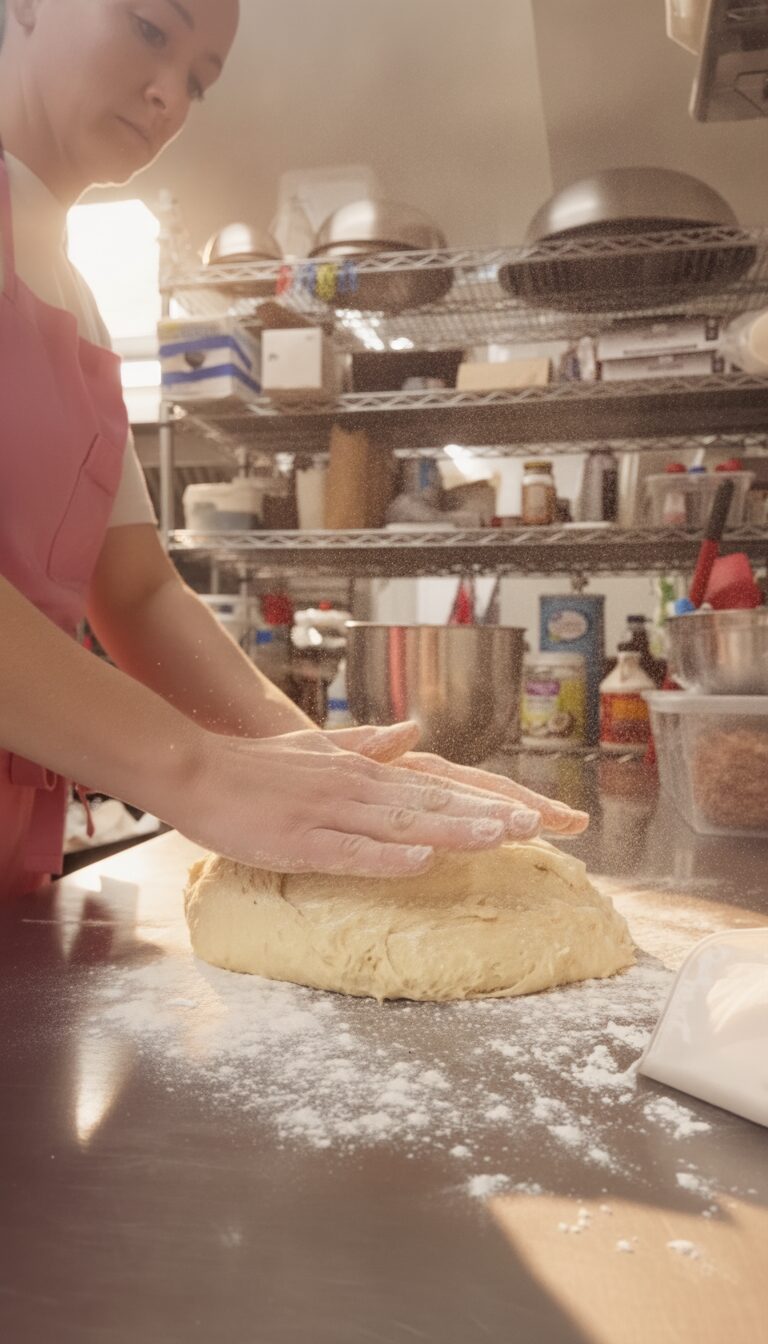 Floured hands working dough on the bench, in warm morning light