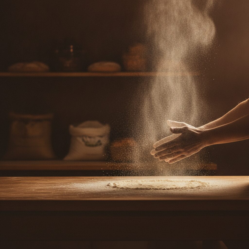 Flour drifting from a baker's hands in warm backlight in the Sweet Enchantments kitchen