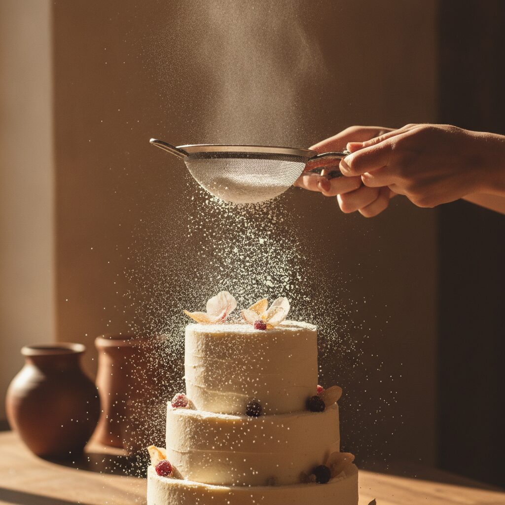 A final dusting of powdered sugar falling over a finished cake