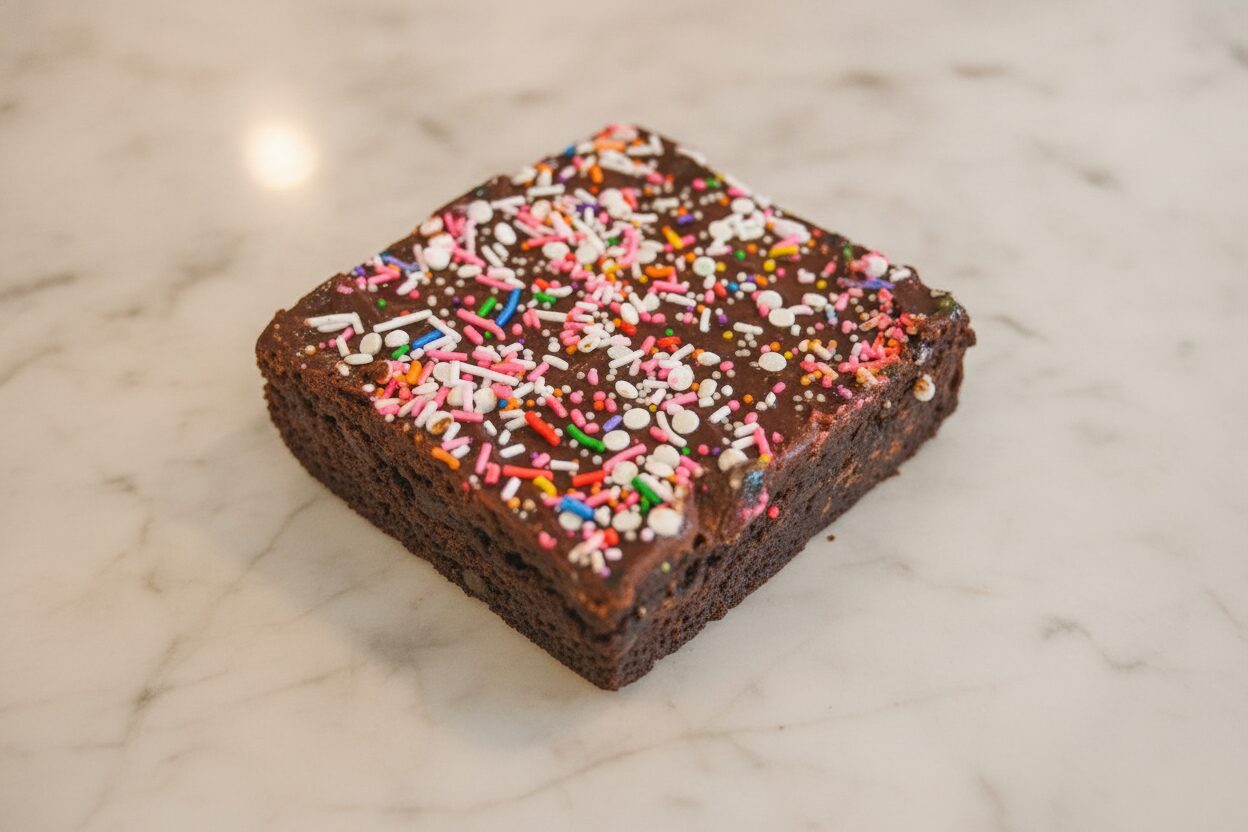 Fudge brownies with ganache and sprinkles on marble